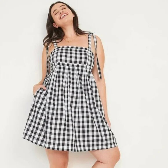 Tie-Shoulder Gingham Mini Babydoll Swing Dress - Picture 3 of 5